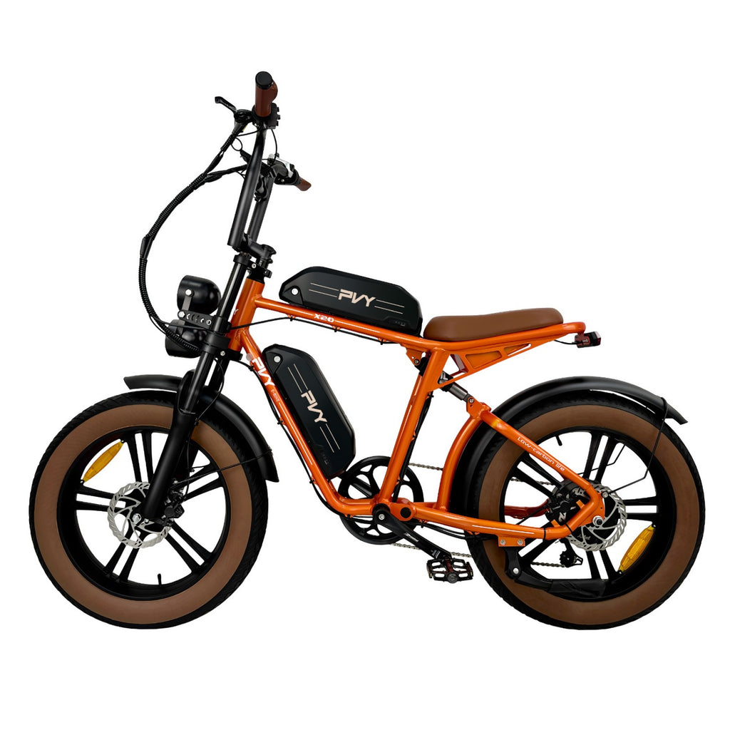 Vélo électrique PVY X20 IT - Moteur 250W Batteries 48V15AH*2 Pneus de 20 Pouces Freins à Disques Hydrauliques - Orange