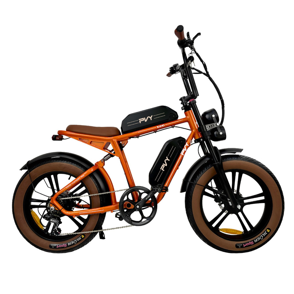 Vélo électrique PVY X20 IT - Moteur 250W Batteries 48V15AH*2 Pneus de 20 Pouces Freins à Disques Hydrauliques - Orange