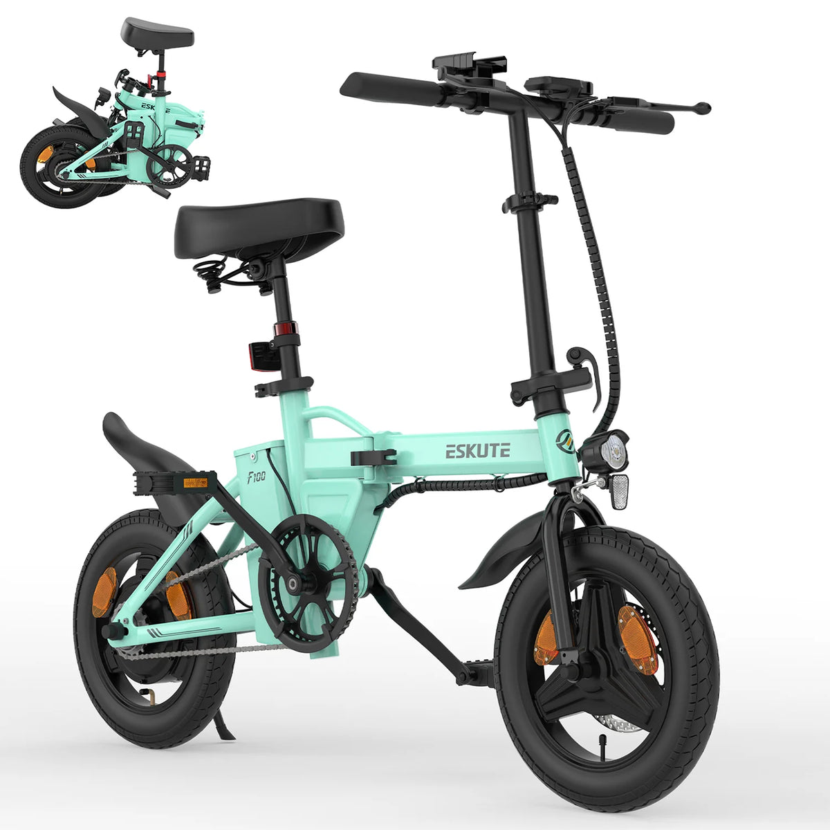 Vélo électrique ESKUTE F100 14 pouces, moteur 250 W, batterie 36 V 9 Ah, freins à disque mécaniques - Bleu