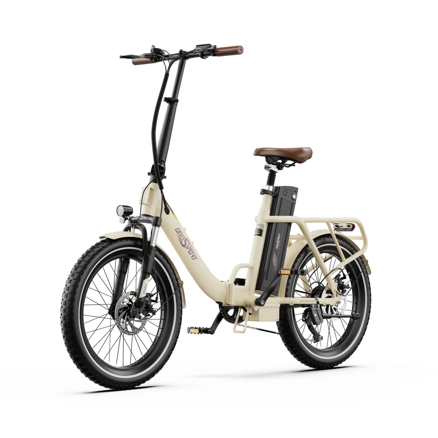 Vélo électrique ONESPORT OT16-2 - Cadre pliable en acier, moteur 250 W, batterie 48 V 17 Ah, pneus 20 pouces, freins à disque - blanc cassé