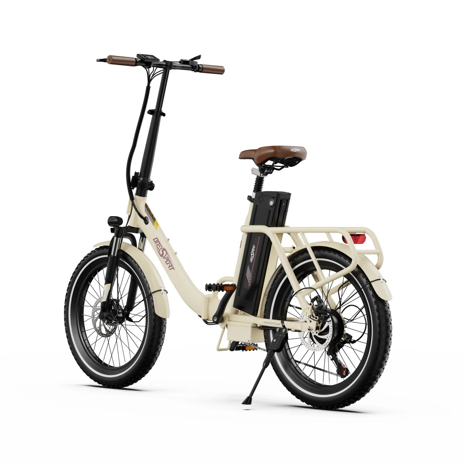 Vélo électrique ONESPORT OT16-2 - Cadre pliable en acier, moteur 250 W, batterie 48 V 17 Ah, pneus 20 pouces, freins à disque - blanc cassé