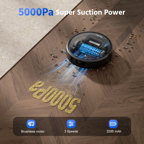 Aspirateur robot Teendow D10S Plus - Puissance d'aspiration 5000 Pa, batterie 3200 mAh, réservoir de 300 ml, autonomie 180 minutes, silencieux 70 dB - Noir