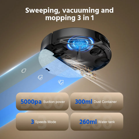 Aspirateur robot Teendow D10S Plus - Puissance d'aspiration 5000 Pa, batterie 3200 mAh, réservoir de 300 ml, autonomie 180 minutes, silencieux 70 dB - Noir