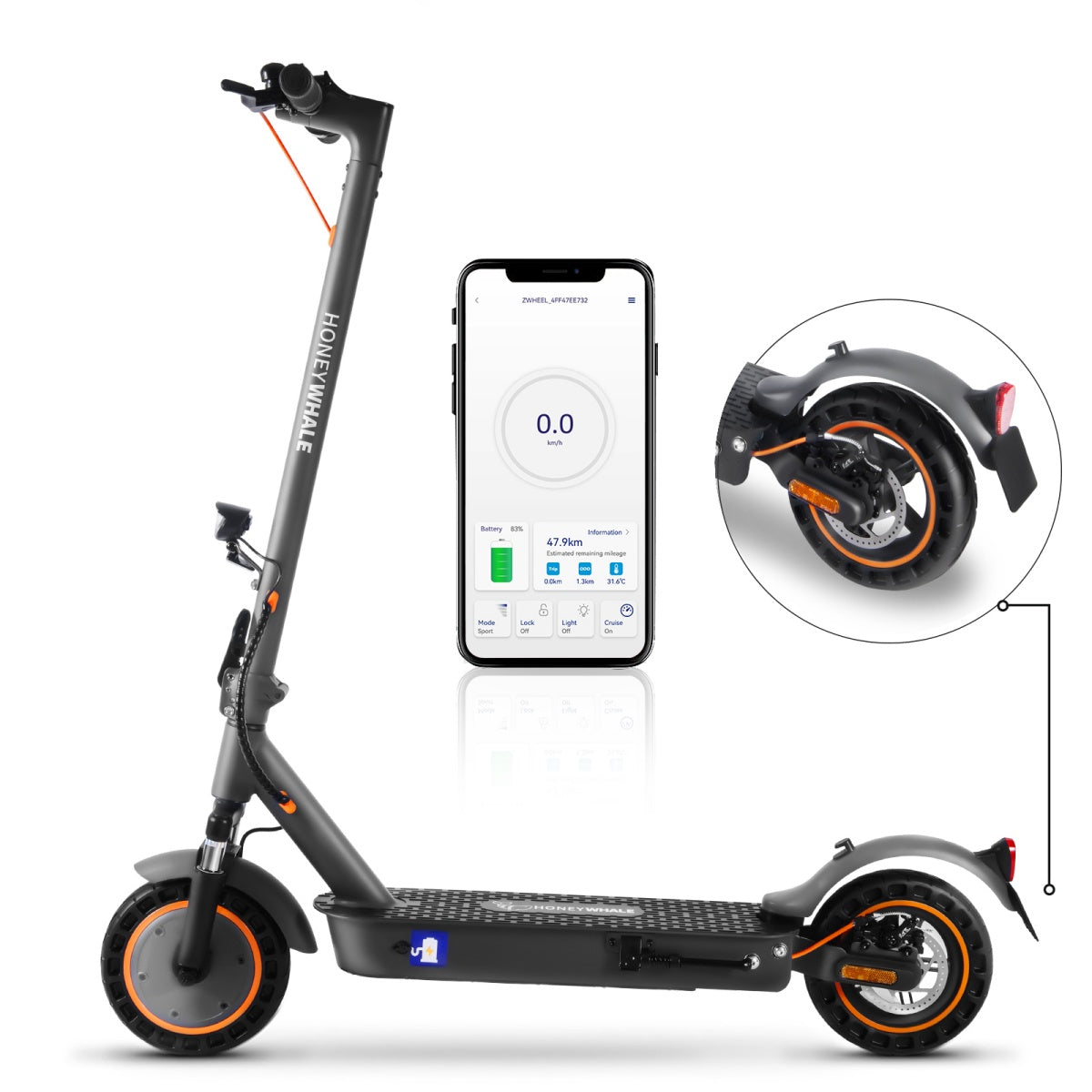 Trottinette électrique Honey Whale E9 MAX Avec Certification ABE - Moteur 450W Batterie 36V10AH Autonomie 40KM Freins à Disque Pliable - Noir