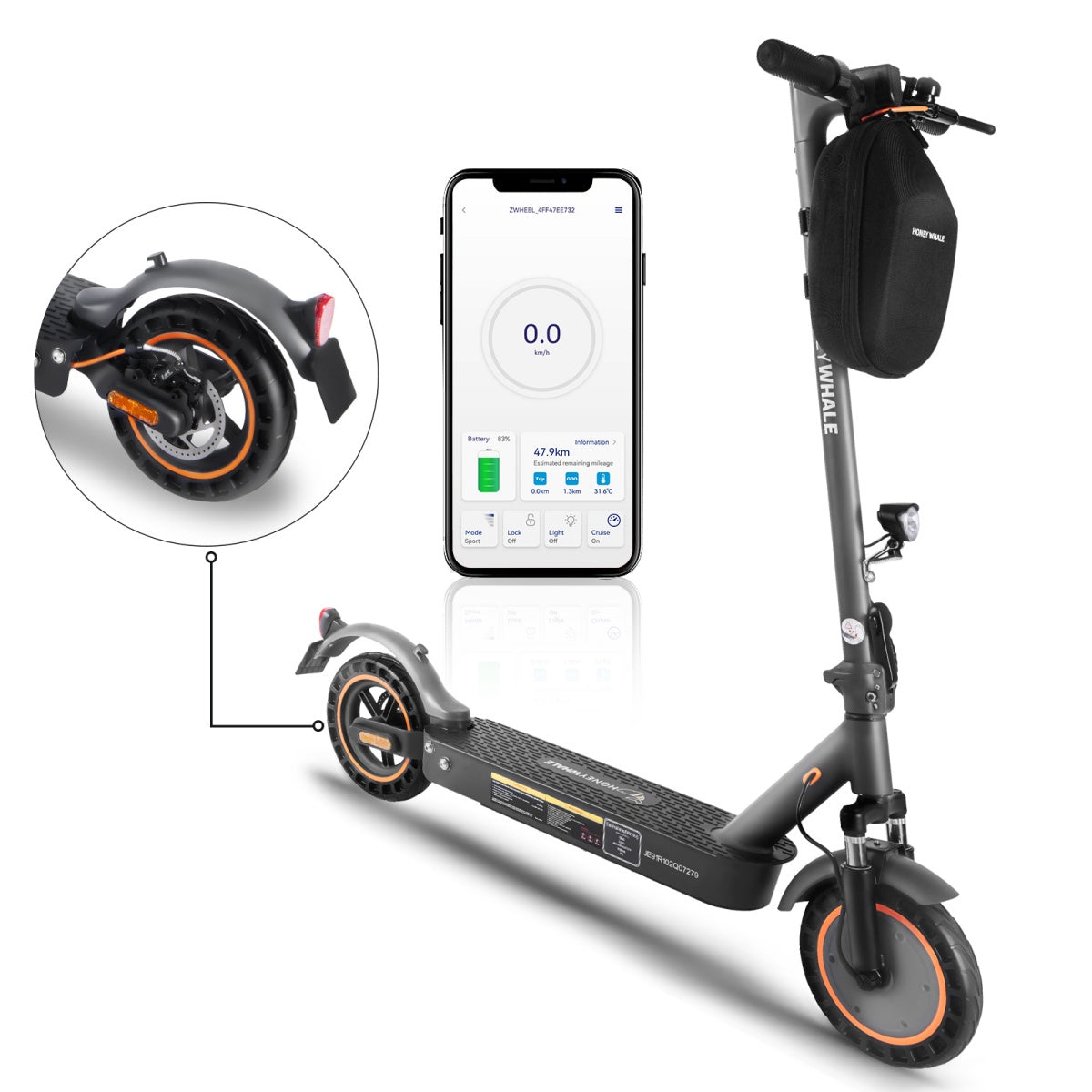 Trottinette électrique Honey Whale E9 MAX Avec Certification ABE - Moteur 450W Batterie 36V10AH Autonomie 40KM Freins à Disque Pliable - Noir