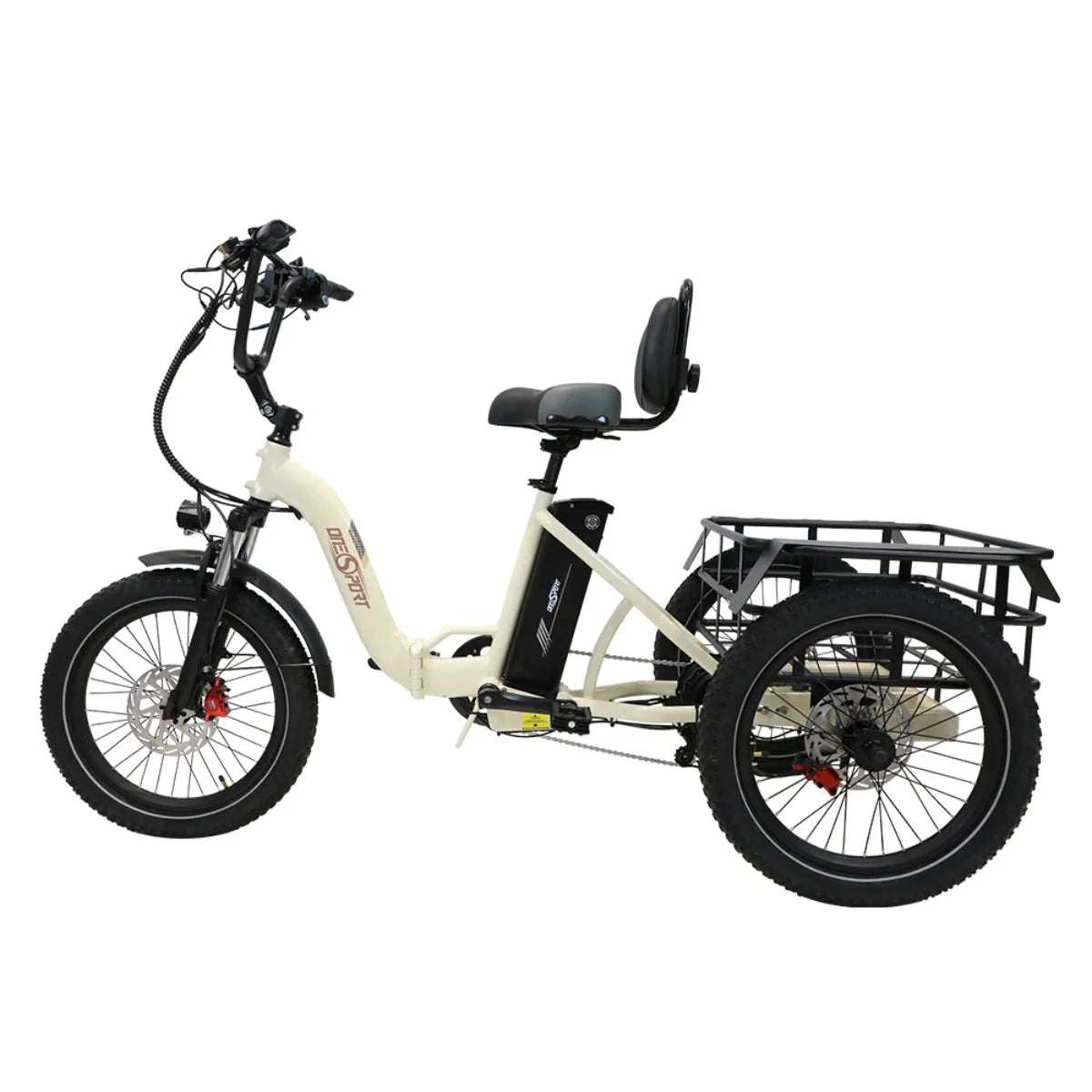 ONESPORT OT30 Vélo électrique à Trois Roues - Moteur 500W Batterie 48V13AH Pneus de 20 Pouces Freins Hydrauliques - Blanc Cassé