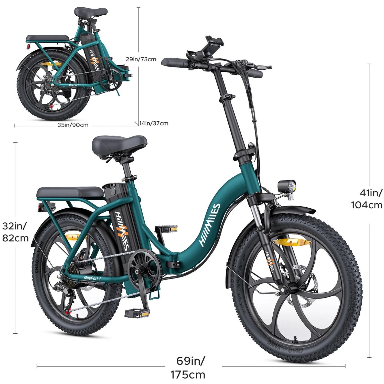Vélo Électrique HillMiles MilePort 1 - 250W Moteur 36V13Ah Batterie Pneus 20 Pouces Freins à Disques Mécaniques - Vert