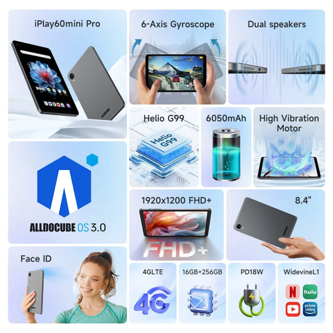 Tablette FHD+ Alldocube iPlay 60 mini Pro - écran 8.4 Pouce 8+256Go Processeur Helio G99 Batterie 6050mAh Reconnaissance Faciale - Gris