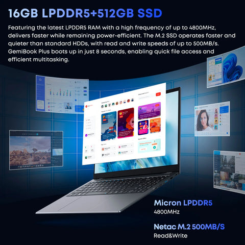 Chuwi GemiBook Plus-Ordinateur portable Intel Alder Lake-N150|16 Go+512 Go|FHD 15.6 pouces|Plus de performances|design ultra-léger
