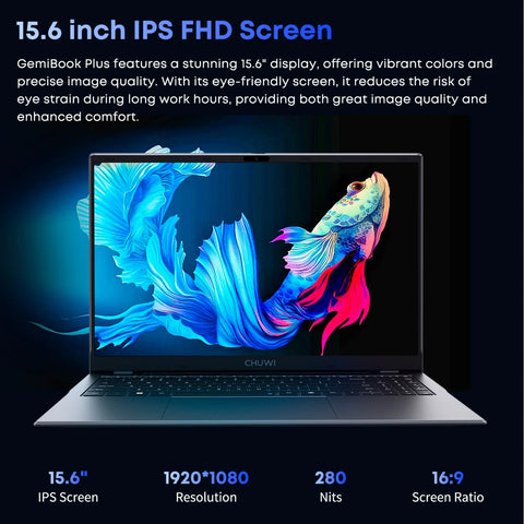 Chuwi GemiBook Plus-Ordinateur portable Intel Alder Lake-N150|16 Go+512 Go|FHD 15.6 pouces|Plus de performances|design ultra-léger