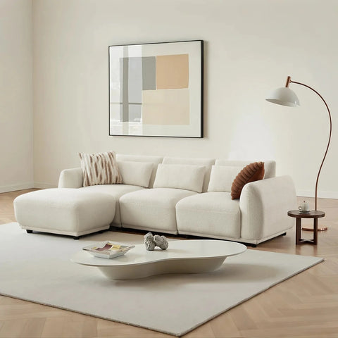 YHL Voyura 10 Canapé En Tissu Teddy Moderne - Siège à ressorts hélicoïdaux - Forme Générale en L - Blanc cassé