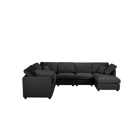 YHL Voyura 2213 Canapé longue chaise de salon chenille moderne - 6 places - accoudoirs carrés - Noir