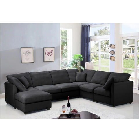 YHL Voyura 2213 Canapé longue chaise de salon chenille moderne - 6 places - accoudoirs carrés - Noir