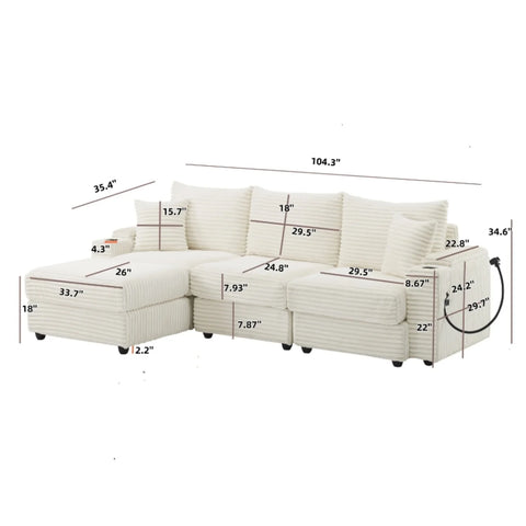 YHL Voyura 2231 Canapé Moderne Corduroy Multi-Personnes - Coussin en mousse - Blanc cassé