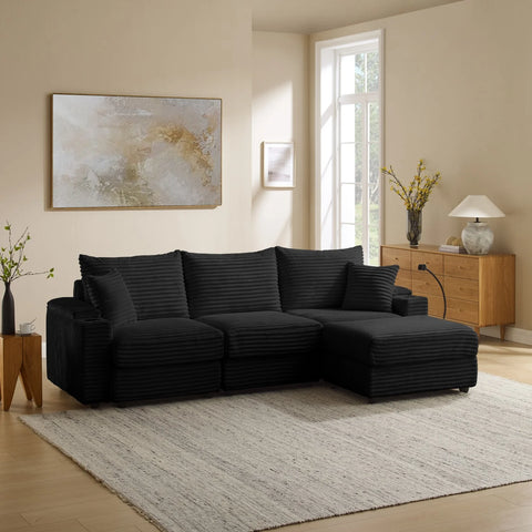 YHL Voyura 2231 Canapé en Velours Côtelé Moderne -L-Shaped - Frame Solid Wood - Noir