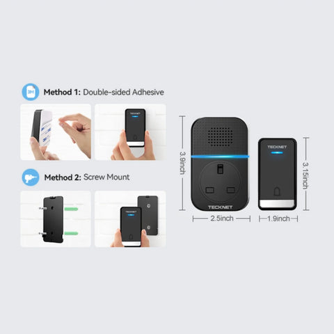 TECKNET TK-WD002 Sonnette Sans Fil 60 Sonneries 400m Étanche - Noir