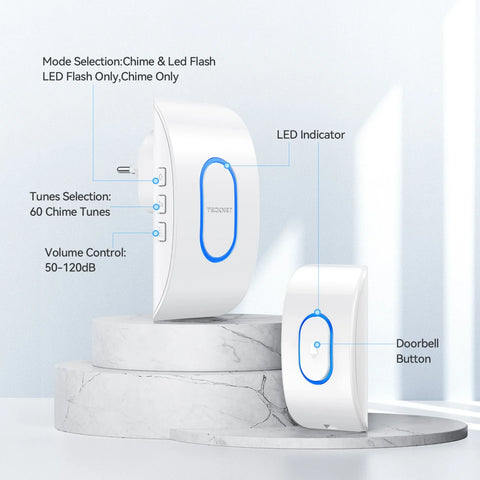 TECKNET TK-WD004 Sonnette Sans Fil 60 Sonneries 5 Volumes Étanche 400m - Blanc
