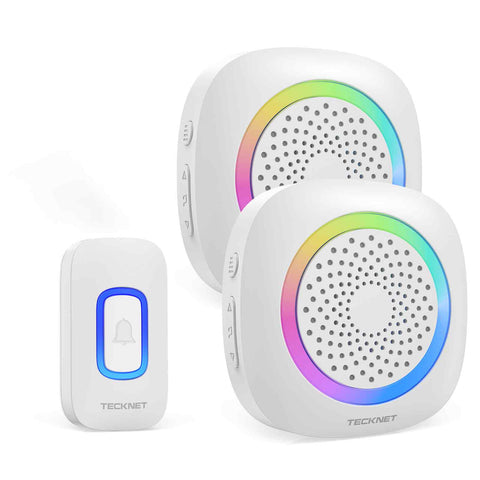 TECKNET TK-WD996 Sonnette sans fil 60 sons 5 niveaux de volume portée 400m - 1 émetteur et 2 récepteurs- Blanc