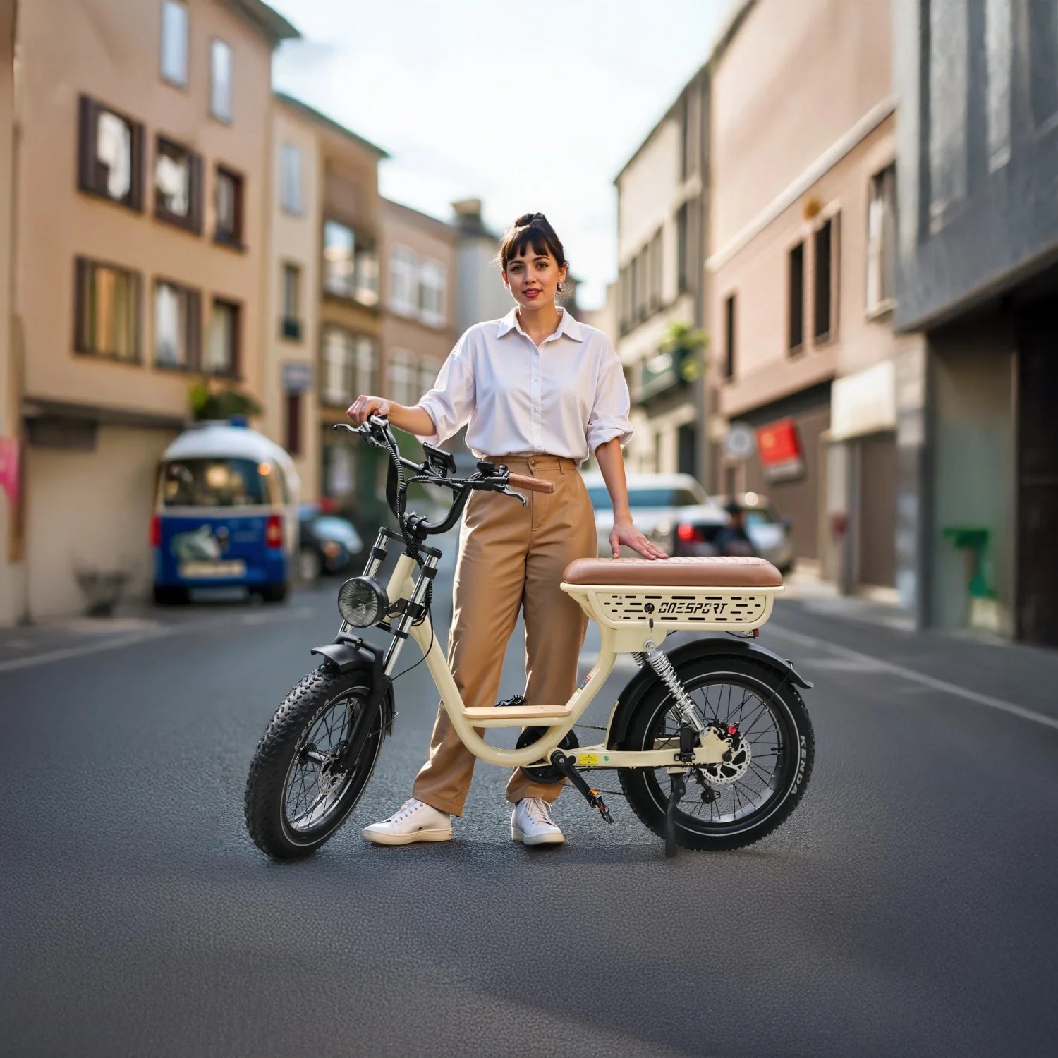 ONESPORT W77 Vélo Électrique  - Moteur 250W Batterie 48V18AH Pneus De 20 Pouces Freins Hydrauliques - Beige