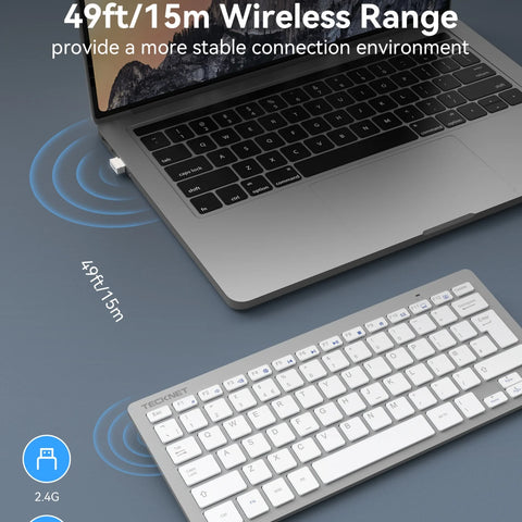 TECKNET X315 Clavier sans fil ergonomique - 78 touches - fin silencieux - Argent