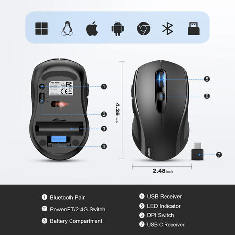 TECKNET EWM01832 Souris Sans Fil Ergonomique - 6 DPI USB/Bluetooth Silencieuse - Noir