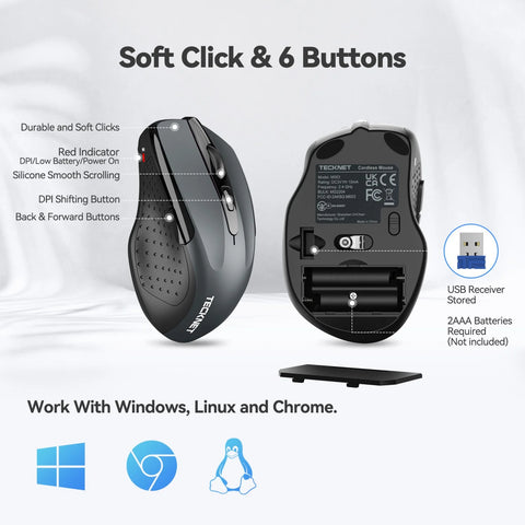 TECKNET M003 Souris Sans Fil Ergonomique - 5 DPI, USB Plug & Play Connexion longue distance stable - Gris