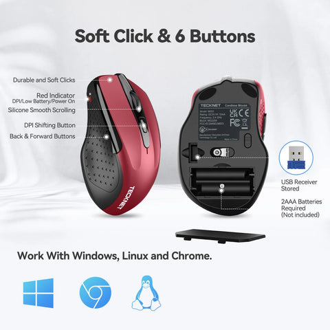 TECKNET TK-MS009 Souris sans fil ergonomique silencieuse - 6 DPI -rechargeable - Rouge