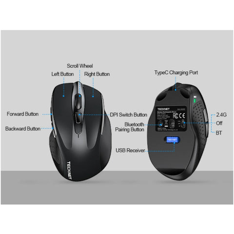 TECKNET TK-MS317 Souris ergonomique sans fil - silencieuse et rechargeable - Noir