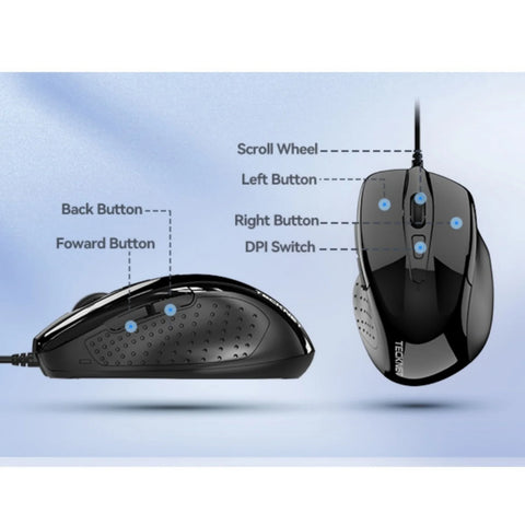 TECKNET UM013 Souris filaire ergonomique silencieuse - 4 DPI réglables - Noir