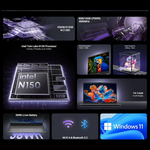 CHUWI GemiBook XPro Ordinateur Portable - Processeur Intel N150 Écran 14.1" 16+512Go Windows 11 Home - Gris