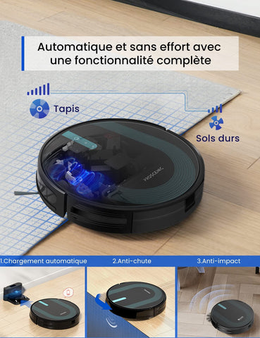 Robot Aspirateur Proscenic 850T - 3000Pa, 2600mAh, 120min Autonomie, Navigation Gyroscopique