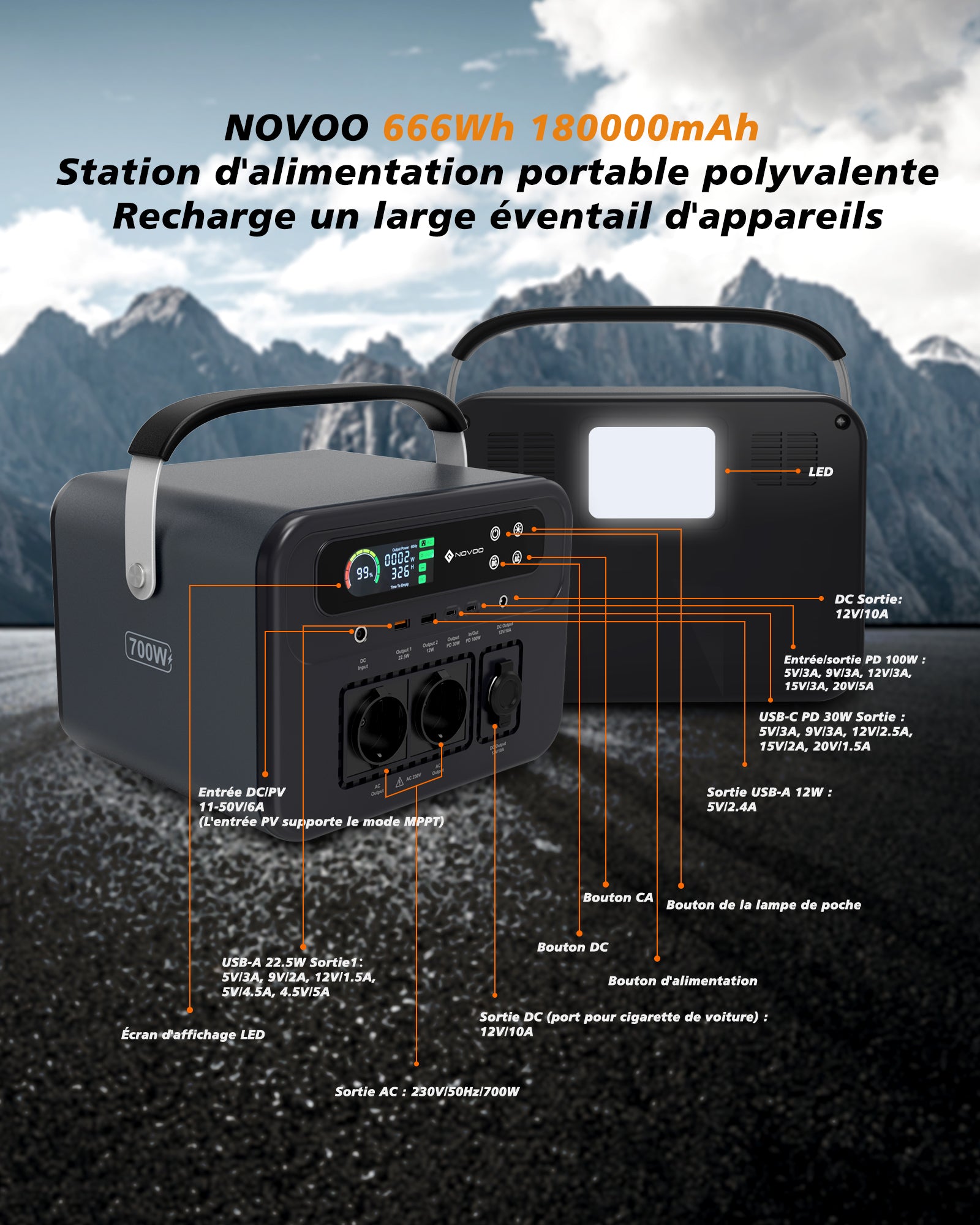 NOVOO RPS700 - Batterie Externe 666Wh, Chargeur Portable 700W AC, Type-C PD 100W, 2 Ports USB-A