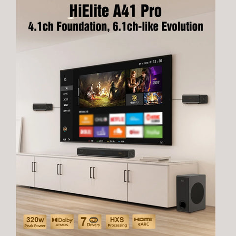 Hiwill A41 Pro Barre de son TV 4.1 - Avec 320W Caisson de Basses Filaire 5,25" 2 Enceintes Surround - Noir