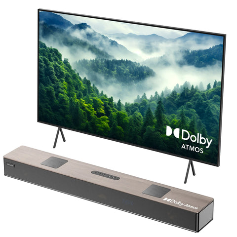Barre de son Hiwill A502 400W Dolby Atmos, double caisson 2,5", finition noyer