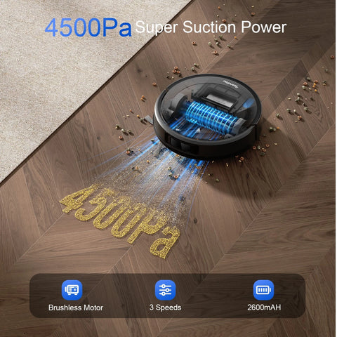 Robot Aspirateur Teendow D10S MAX - 4500Pa Batterie 2600mAh 180min Silencieux 70dB 300ML+260ML - Noir