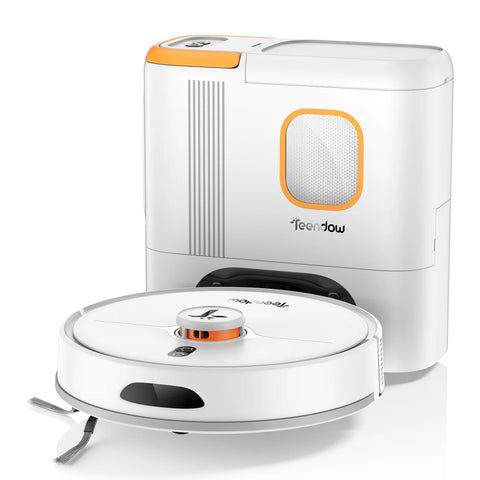 Robot Aspirateur Teendow D20S MAX+  - 6000Pa Batterie 5000mAh d'autonomie 180min Silencieux 70dB 250ML+250ML  - Blanc