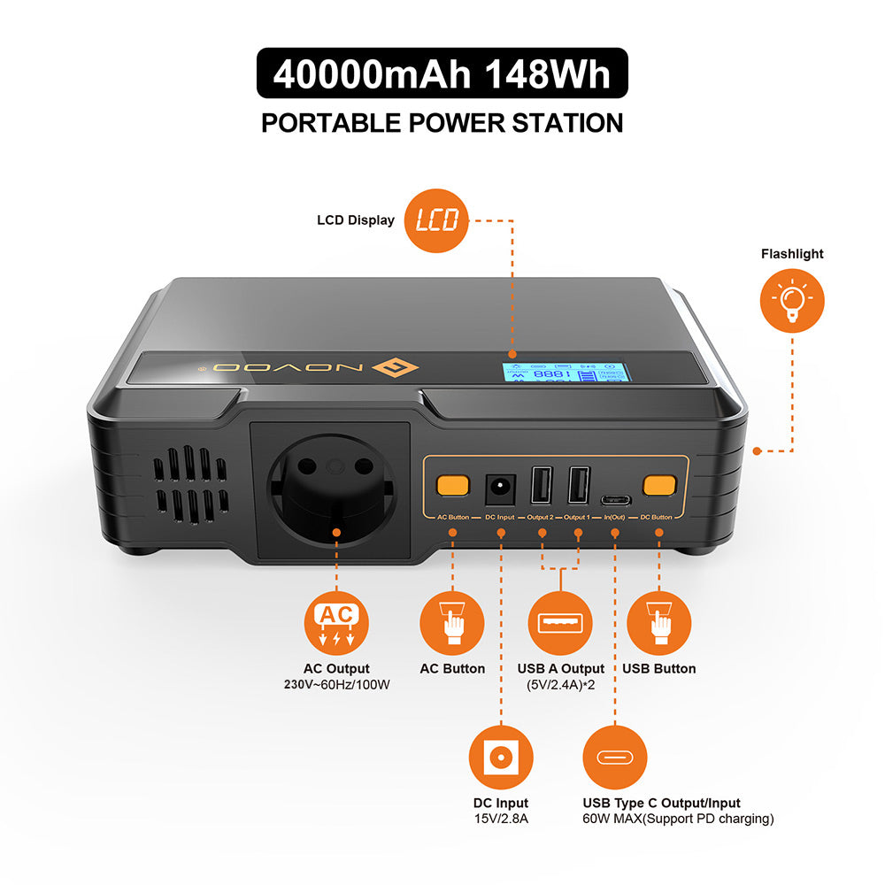 Batterie Externe NOVOO SPS100 - 148Wh, Chargeur Portable 100W AC, Type –